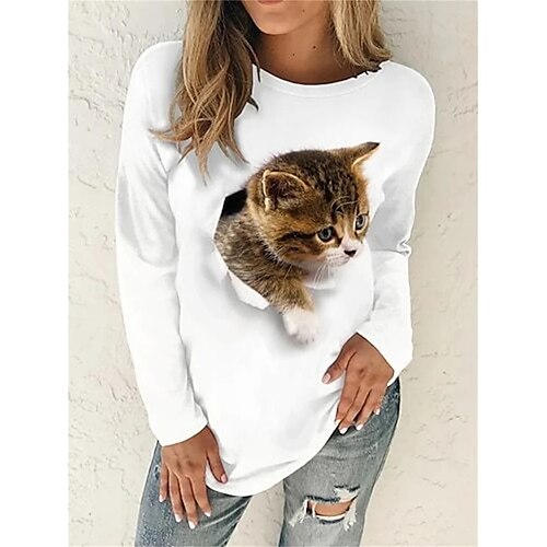 

Damen T Shirt Weiß Katze Bedruckt Langarm Täglich Wochenende Basic Rundhalsausschnitt Regular Fit 3D Cat Farbe