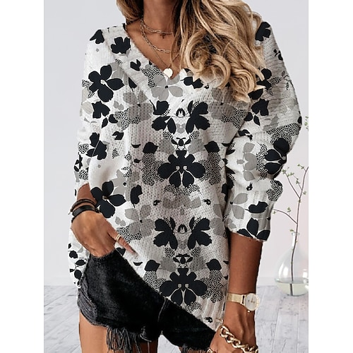 

Mujer Suéter de punto Puente Croché Tejer Sayo Estampado Floral Escote en Pico Elegante Casual Fiesta Hogar hombro caído Verano Primavera Negro S M L