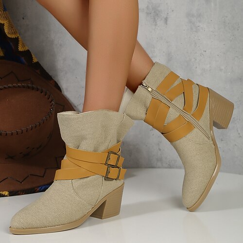 

Mujer Botas Botines Botines Diario Invierno Tacón Cuadrado Dedo Puntiagudo Casual Tela Cremallera Beige