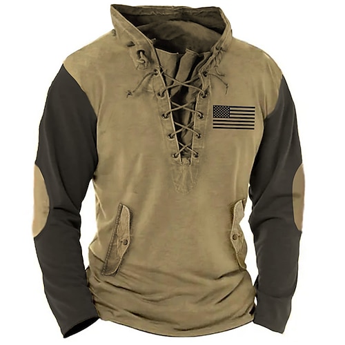 

Men's Sweatshirt Pullover Army Green Blue Brown Green Gray Standing Collar Color Block Graphic Prints National Flag Lace up Sports Outdoor Casual Daily 3D Print Streetwear Designer Basic Spring