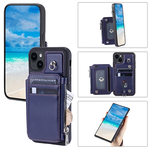 

teléfono Funda Para Apple iPhone 15 Pro Max Plus 14 13 12 11 X XR XS 8 7 Tarjetas billetera Cremallera Antirrobo con correa de muñeca Retro TPU Cuero de PU