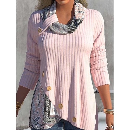 

Women's Pullover Sweater Jumper Jumper Ribbed Knit Patchwork Button Paisley Cowl Stylish Casual Daily Going out Fall Winter Pink S M L