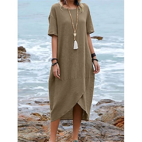 

Robe casual Robe en coton et lin Femme Robe mi-longue Mélange de Lin Coton Mode Moderne Extérieur du quotidien Vacances Col Ras du Cou Ourlet irrégulier Robe haute basse Demi Manches Eté Printemps