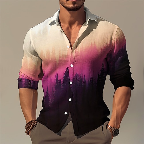 

Hombre Camisa camisa de lino Árbol Degradado Cuello Vuelto Albaricoque Morado Exterior Calle Manga Larga Estampado Ropa Lino Moda Ropa de calle Design Casual