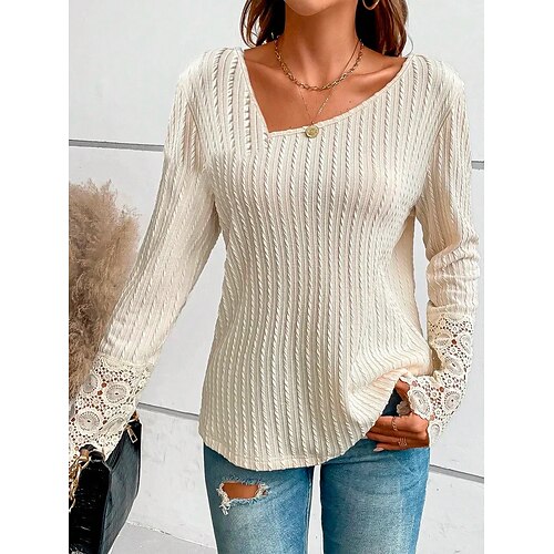 

Women's T shirt Tee Beige Plain Lace Long Sleeve Holiday Weekend Basic V Neck Regular Fit Spring Fall