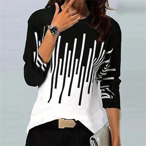 

Women's T shirt Tee White Yellow Blue Striped Print Long Sleeve Daily Weekend Daily Basic Round Neck Regular Fit Painting Fall Winter