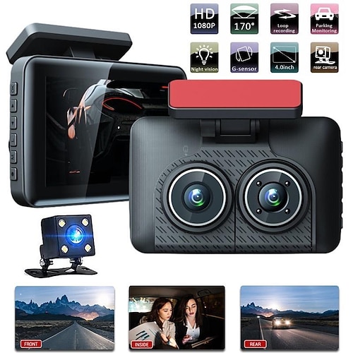 

Câmera dvr de carro full hd 1080p 4.0 dash cam três lentes grande angular gravador de condução de carro com detecção de movimento, g-sensor, gravação em loop