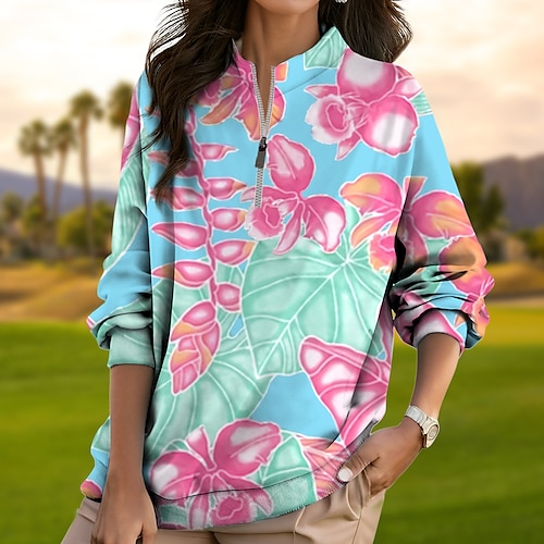 

Femme Pull de golf Sweat Golf Chaud Respirable Evacuation de l'humidité manche longue Vêtements d'extérieur de golf Top Standard Zippé Col Montant Floral Printemps Automne Tennis Le golf Pickleball