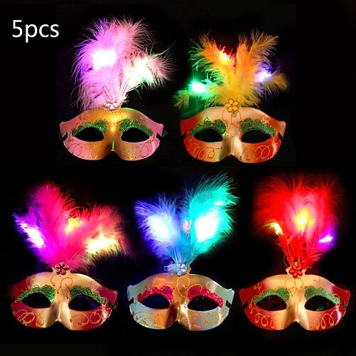 

5 pièces/ensemble halloween lumière led plume masque or brillant plaqué mascarade mardi gras demi visage couverture cosplay danse fête faveur