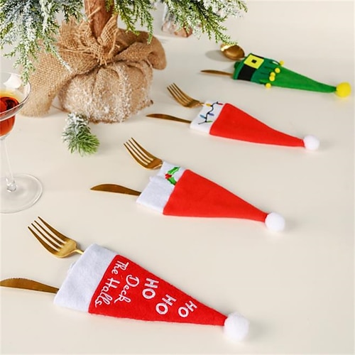 

4 Stück Weihnachts-Tischdekoration, Messer und Gabel, Taschendekoration, kleiner Hut, Messer und Gabel-Set, Hoho