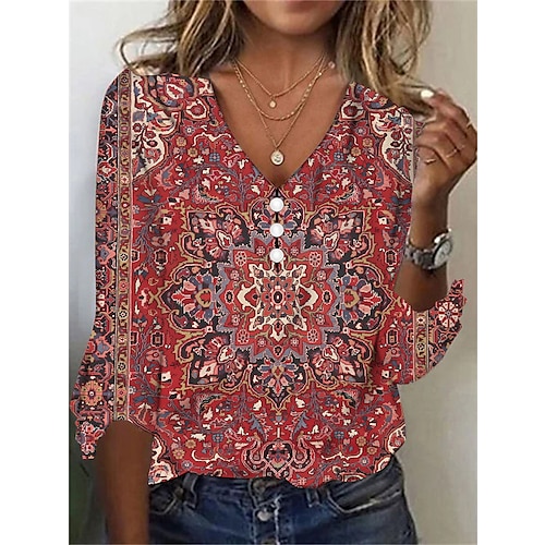 

Women's T shirt Tee Henley Shirt Floral Button Print Holiday Weekend Daily Basic 3/4 Length Sleeve V Neck Red Fall & Winter