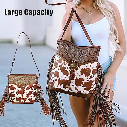 

Femme Sac bandoulière Sac d'épaule sacs baquet faux cuir Extérieur du quotidien Vacances Boutons Gland Grande Capacité Durable Impression de vache Folk Marron