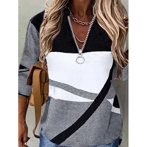 

Damen T Shirt Grau Farbblock Viertel Postleitzahl Bedruckt Langarm Täglich Wochenende Basic V Ausschnitt Regular Fit Farbe