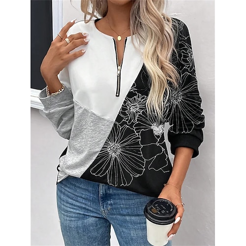 

Mulheres Camiseta Preto Floral Bloco de cor Quarter Zip Imprimir Manga Longa Diário Final de semana Diário Básico Decote V Normal Tema Flores Pintura Outono inverno