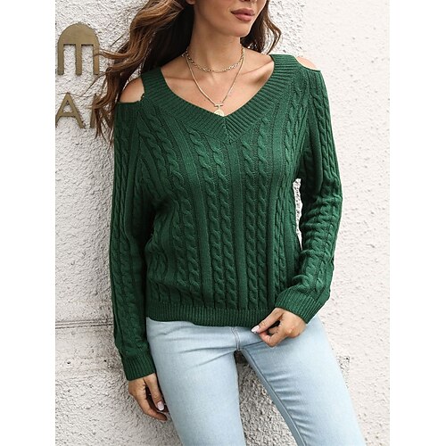 

Damen Pullover Strickwaren Gedrehtes Stricken Kalte Schulter Feste Farbe V Ausschnitt Stilvoll Brautkleider schlicht Outdoor Täglich Sommer Herbst Rote Marineblau Grün S