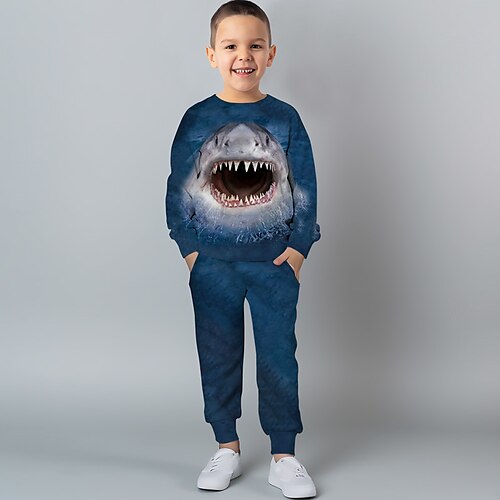 Boys 3D Graphic Cartoon Shark Sweatshirt Pants Clothing Set Long