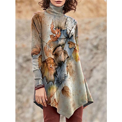 

Women's T shirt Tee Yellow Army Green Orange Leaf Asymmetrical Print Long Sleeve Holiday Weekend Daily Basic High Neck Regular Fit Floral Painting Fall & Winter