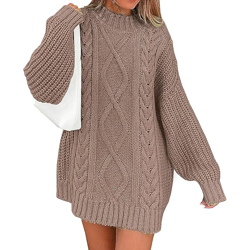 

Women's Pullover Sweater Jumper Jumper Cable Knit Tunic Patchwork Pure Color Crew Neck Casual Daily Lantern Sleeve Winter Black White S M L