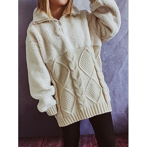 

Mulheres Pulôver suéter Saltador Cabo Tricotar Patchwork Zíper Côr Sólida Gola Alta à moda Casual Diário Para Noite Outono Inverno Cáqui Bege S M L