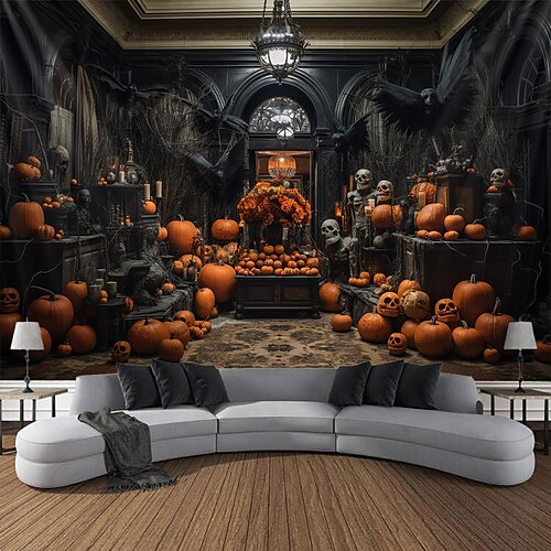 

Halloween House Hanging Tapestry Wall Art Large Tapestry Mural Decor Photograph Backdrop Blanket Curtain Home Bedroom Living Room Decoration Skull Skeleton Pumpkin