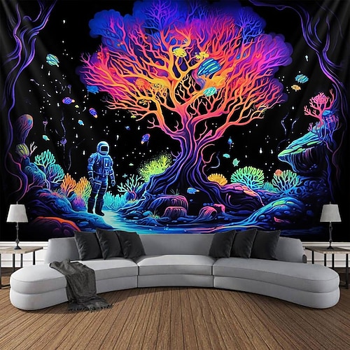 

árvore da vida tapeçaria de luz negra brilho reativo uv no escuro astronauta enevoado trippy debaixo d'água pendurado paisagem tapeçaria parede arte mural para sala de estar quarto