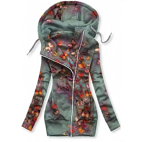 

Women's Zip Hoodie Sweatshirt Streetwear Zip Up Yellow Light Green Pink Floral Geometric Butterfly Street Hoodie Long Sleeve