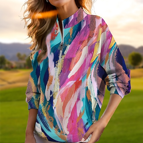 

Mulheres Camisa polo de caminhada Camisa de golfe Respirável Secagem Rápida Pavio Humido Manga Longa Vestuário de golfe Roupas de golfe Normal Zíper Colarinho Alto Tintura Tie Dye Primavera Outono