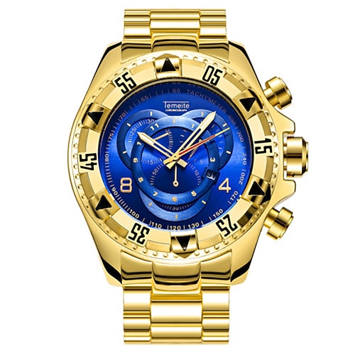 TEMEITE 2024 Mens Fashion Big Dial Quartz watch Luxury Gold Blue Full Steel  New | eBay