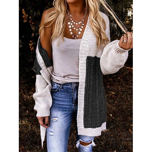 

Mulheres Sueter Cardigan Saltador Estriado Tricotar Patchwork Bloco de cor Decote V à moda Casual Ao ar livre Diário Outono Inverno Preto Cinzento M L XL