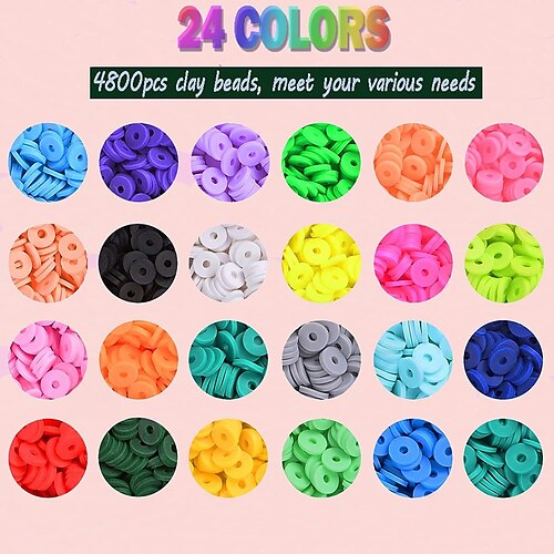 4800Pcs Clay Heishi Beads Flat Round Beads Kit for Bracelets Necklace 24  Colors