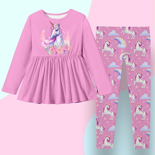 

2 Pièces T-shirt Pantalon Ensemble robe Ensemble de Vêtements Tenues Enfants Fille Graphic Bande dessinée Licorne manche longue A Volants Set Extérieur 3D effet Actif Mode du quotidien Printemps