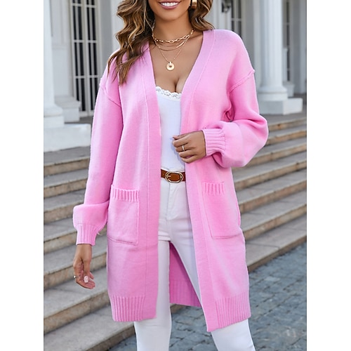 

Mulheres Sueter Cardigan Saltador Estriado Tricotar Bolsos Côr Sólida Decote V à moda Casual Ao ar livre Diário Outono Inverno Rosa Cáqui S M L