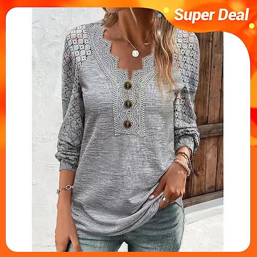 

Damen T Shirt Schwarz Weiß Rote Glatt Spitze Langarm Täglich Wochenende Basic V Ausschnitt Regular Fit