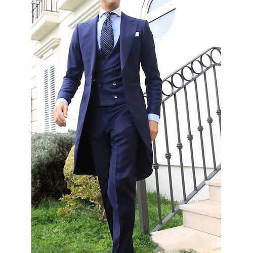 

Costume Homme Mariage Ensemble de 3 pièces bleu marine Couleur Pleine Coupe Sur-Mesure Droit un bouton 2023