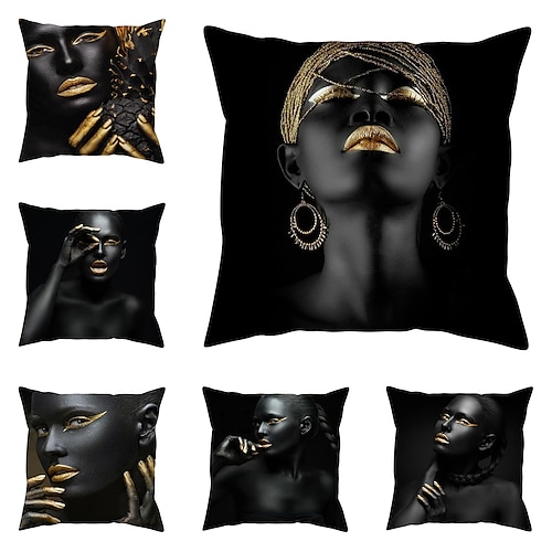 

Black Gold Double Side Pillow Cover 1PC African Women Soft Decorative Square Cushion Case Pillowcase for Bedroom Livingroom Sofa Couch Chair Lip Fingers Face Ethnic Tribe