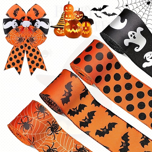 

1 Rolle Halloween-Band mit Drahtrand, Spinnennetz, bedrucktes Ripsband, Halloween-Thema, Geschenkband, Feiertags-DIY-Bastelbänder für Halloween, Heim- und Partydekoration, 5 Yards