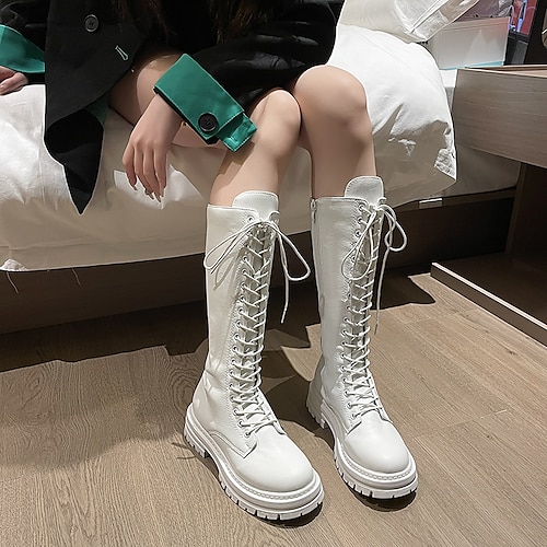 

Mulheres Botas Botas de Montaria Tamanhos Grandes Botas de amarrar Diário Caminhada Inverno Ziper Cadarço Salto Robusto Ponta Redonda Elegante Casual Minimalismo Couro Sintético Com Cadarço Côr Sólida