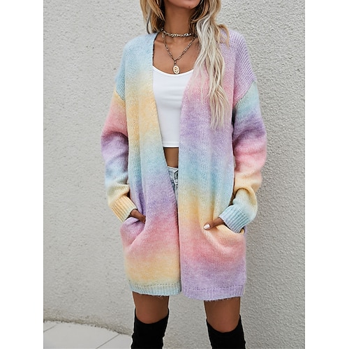 

Mulheres Sueter Cardigan Saltador Estriado Tricotar Bolsos Tintura Tie Dye Decote V à moda Casual Ao ar livre Diário Outono Inverno Amarelo Rosa S M L