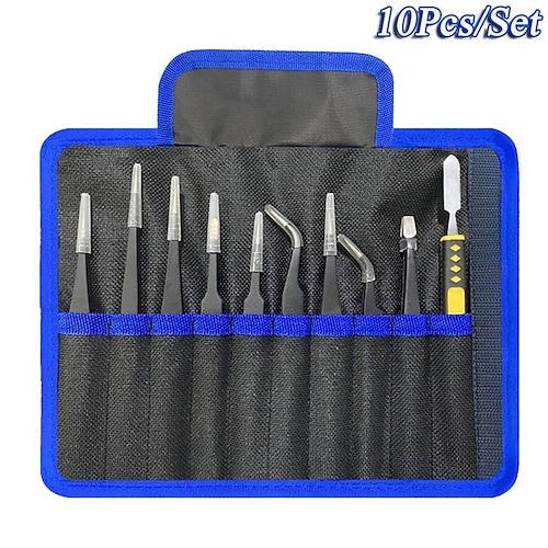 

10Pcs/Set Anti-static ESD Stainless Steel Tweezers Maintenance Tools Industrial Precision Curved Straight Tweezers Repair Tool