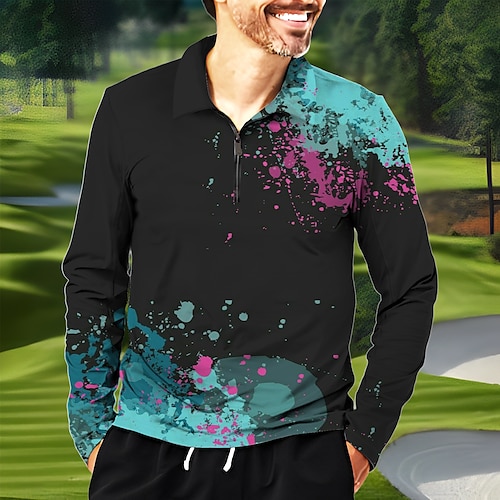 

Homens Camisa polo de caminhada Camisa de golfe Respirável Secagem Rápida Pavio Humido Manga Longa Vestuário de golfe Roupas de golfe Normal Zíper Estampado Primavera Outono Tênis Golfe Pickleball