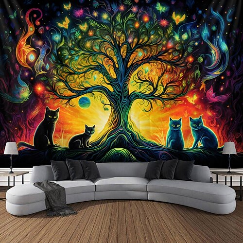 

árvore da vida tapeçaria de luz negra uv brilho reativo no escuro gatos meditação boho trippy enevoado natureza paisagem tapeçaria suspensa mural de arte de parede para sala de estar quarto
