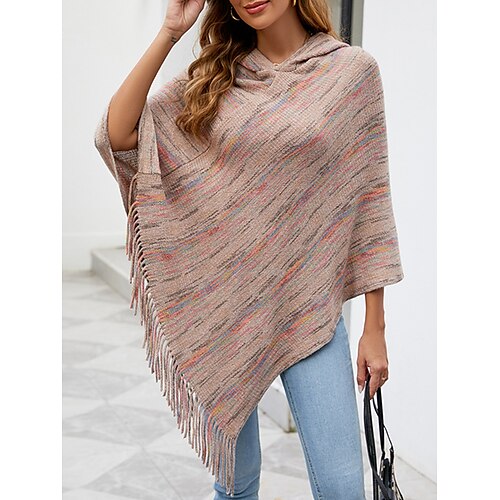 

Damen Poncho Pullover Strickwaren Gerippt Stricken Quaste Asymmetrischer Saum Gestreift Mit Kapuze Stilvoll Brautkleider schlicht Outdoor Täglich Herbst Winter Schwarz Wein Khaki Einheitsgröße