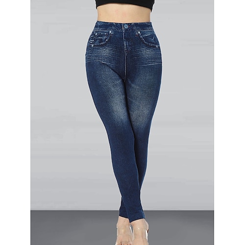 

Mulheres Delgado Leggings Calças Cropped Algodão Faux Denim Azul Escuro Cintura Alta Moda Roupa de rua Casual Rua Casual Diário Bolsos Corte alto Elasticidade Alta Mimolet Respirabilidade Tecido S M