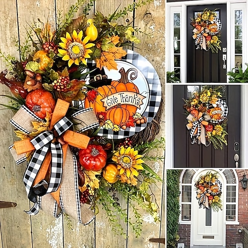 

ckraxd vintage buffalo enrejado calabaza girasol otoño corona rústica simple decoración otoño corona para puerta delantera simple otoño dar gracias signo para halloween acción de gracias decoración al