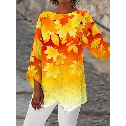 

Women's Shirt Blouse Black White Yellow Floral Feather Asymmetric Print Long Sleeve Casual Daily Basic Round Neck Regular Fit Floral Fall Winter