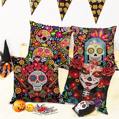 

Halloween Double Side Pillow Cover 4PC Soft Decorative Square Cushion Case Pillowcase for Bedroom Livingroom Sofa Couch Chair (with LED String Lights)