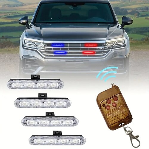 

4-in-1-LED-Kühlergrill-Blitzlicht, Notfall-Blitzwarnlicht, rot, blau, mit kabelloser Fernbedienung für Fahrzeuge, LKW-Anhänger, Polizei, Wohnmobile, Geländewagen, Geländewagen, Gleichstrom, 12 V