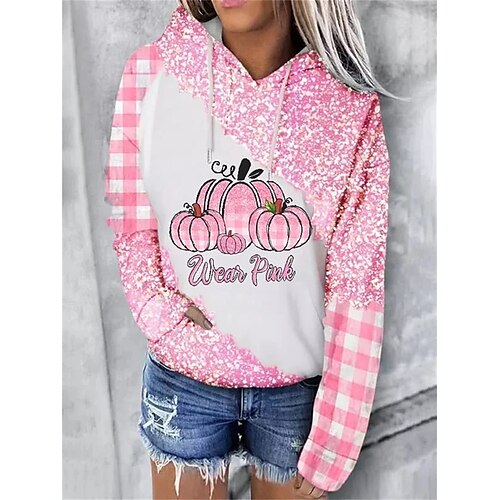 

Women's Pullover Halloween Sweatshirt Basic Drawstring Front Pocket Pink Pumpkin Halloween Hoodie Long Sleeve Top Micro-elastic Fall Winter