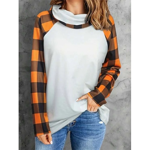 

Femme T shirt Tee Orange Plaid Imprimer manche longue du quotidien Fin de semaine basique Tour de cou Standard Peinture