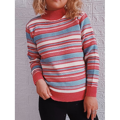 

Damen Pullover Strickwaren Gerippt Stricken Patchwork Geometrisch Rundhalsausschnitt Stilvoll Brautkleider schlicht Täglich Ausgehen Herbst Winter Rote Blau Kaffee S